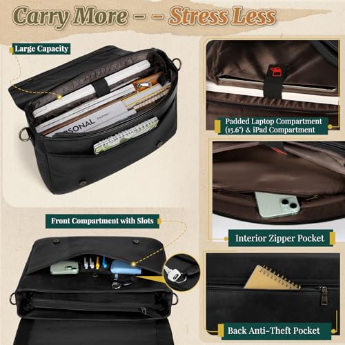 RAINSMORE Vintage Flap Messenger Bag for Men PU Vegan Leather Laptop Bag 15.6 Inch Waterproof Mens Briefcase Retro Computer Bag for Work College Office Travel Satchel Bag Men Black - Image 3