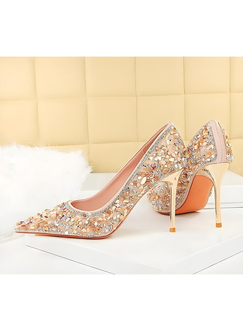 BIGTREE Women's Elegant Sequins Rhinestone Stiletto Pumps Closed Pointed Toe High Heels Pale Pink 9.5CM - Image 3