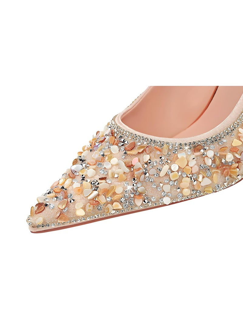 BIGTREE Women's Elegant Sequins Rhinestone Stiletto Pumps Closed Pointed Toe High Heels Pale Pink 9.5CM - Image 4