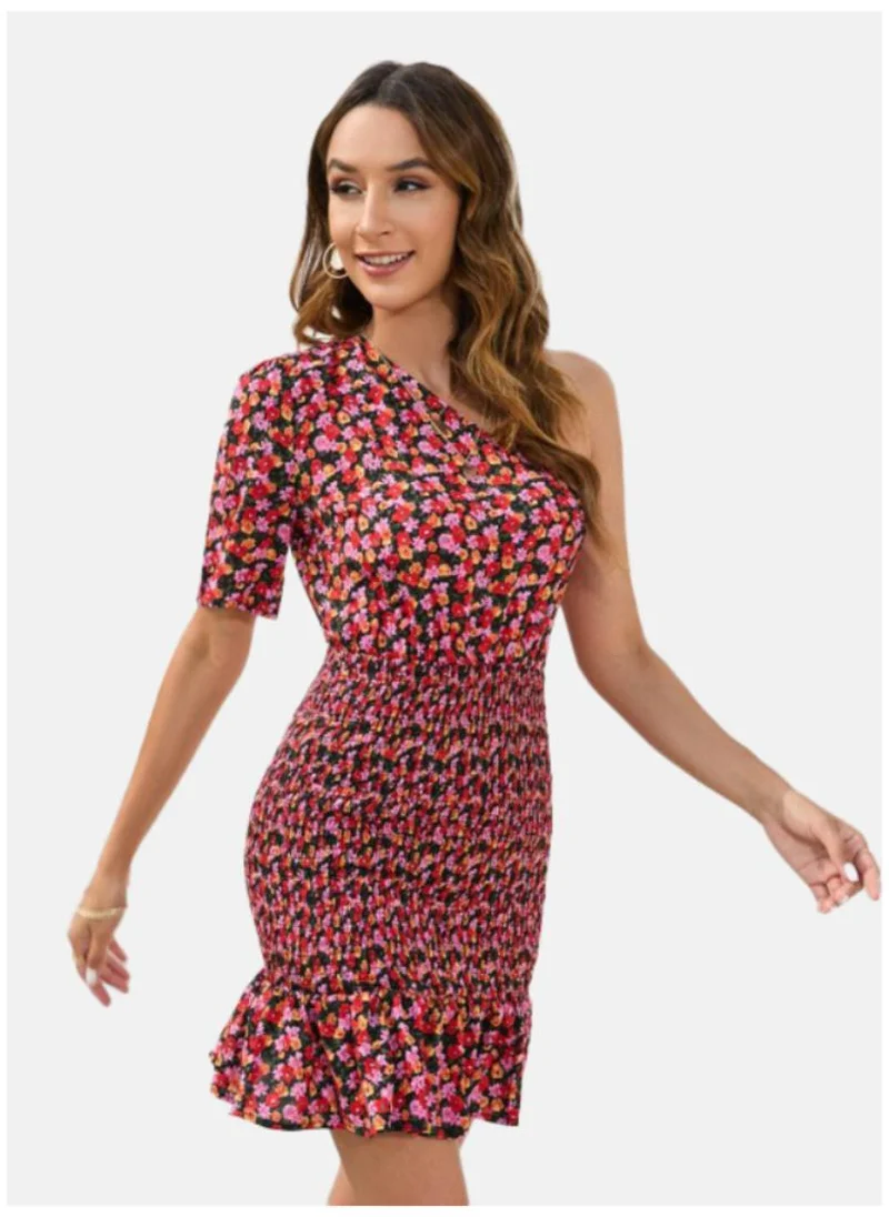 YUNIQEE Pink Floral Printed One Shoulder Smocked Cotton Bodycon Dress