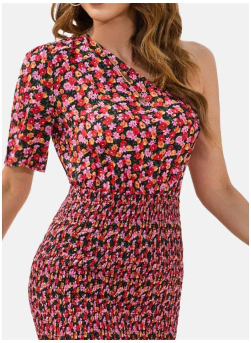 YUNIQEE Pink Floral Printed One Shoulder Smocked Cotton Bodycon Dress
