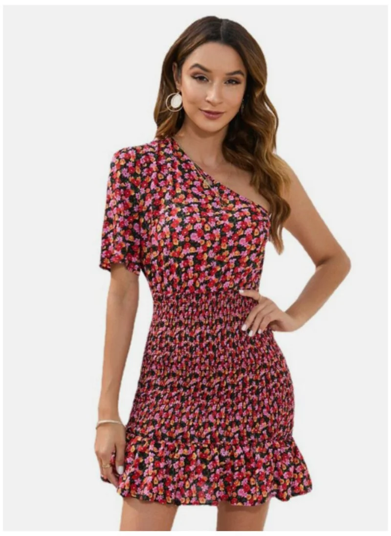YUNIQEE Pink Floral Printed One Shoulder Smocked Cotton Bodycon Dress