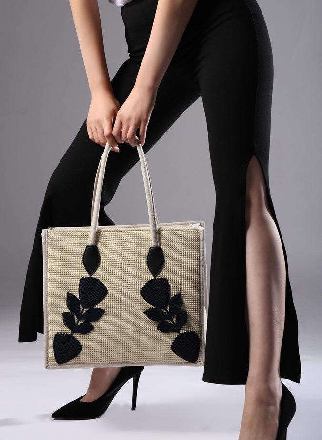 ENSAC Premium Cotton Tote Bag for Women, Stylish Handbag for women with Zip Closure | Fit for Office Bag, College, Travel Use | Handcrafted in India (Cutwork-tote-big) (Black-beauty) - Image 2