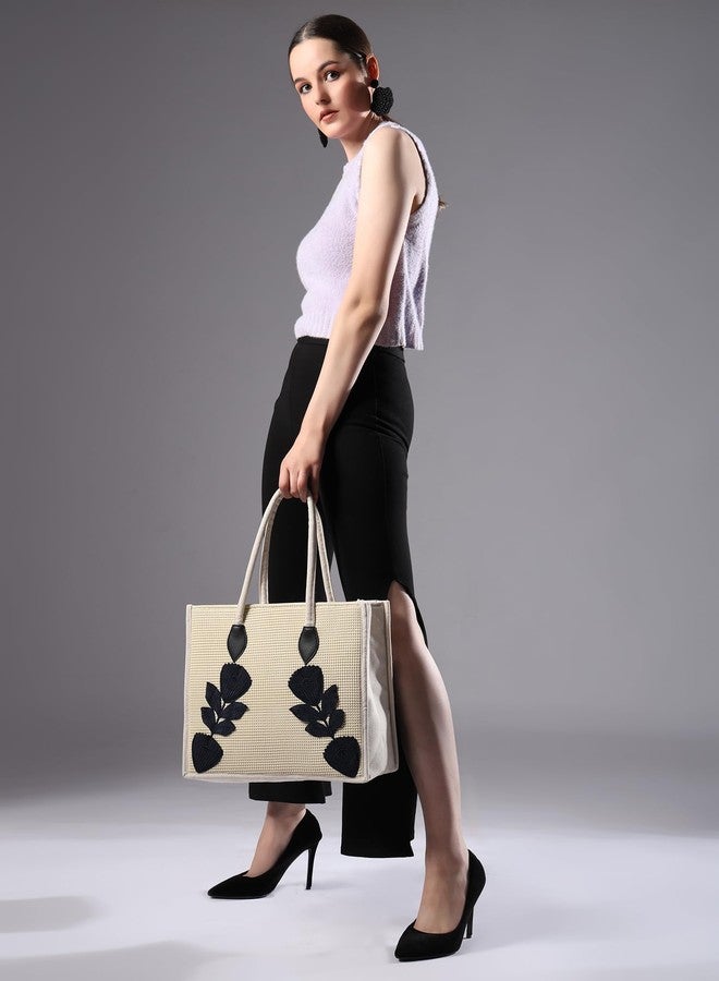 ENSAC Premium Cotton Tote Bag for Women, Stylish Handbag for women with Zip Closure | Fit for Office Bag, College, Travel Use | Handcrafted in India (Cutwork-tote-big) (Black-beauty) - Image 4