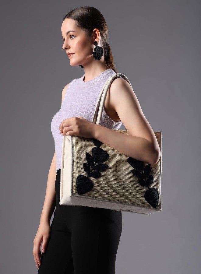 ENSAC Premium Cotton Tote Bag for Women, Stylish Handbag for women with Zip Closure | Fit for Office Bag, College, Travel Use | Handcrafted in India (Cutwork-tote-big) (Black-beauty) - Image 3