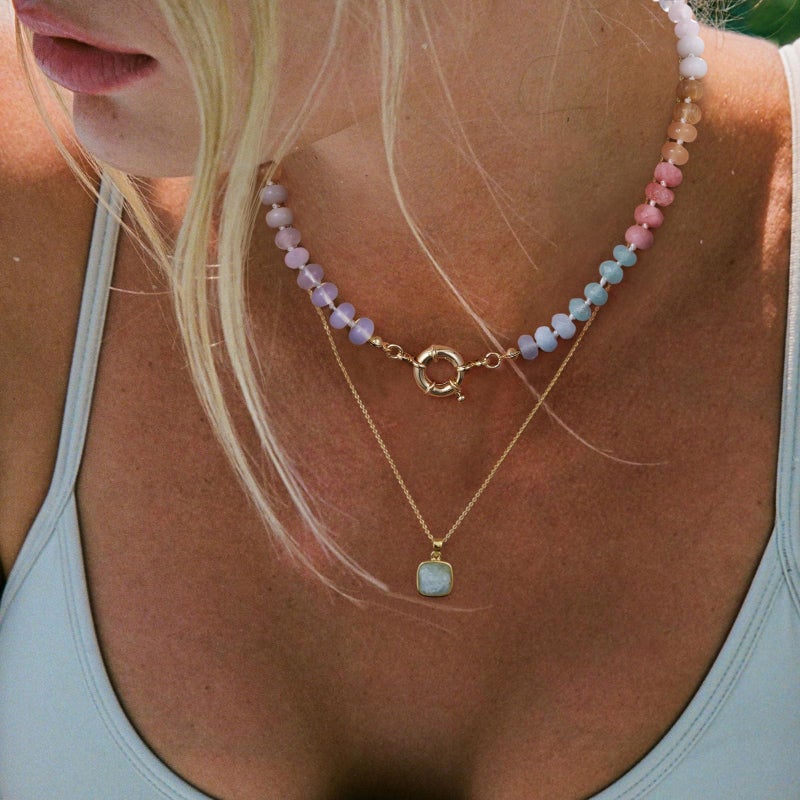 KissYan Beaded Gemstone Necklace for Women, Colorful Boho Bead Choker Natural Stone Surfer Beach Necklaces 14K Gold Plated Summer Handmade Jewelry(J50) - Image 3