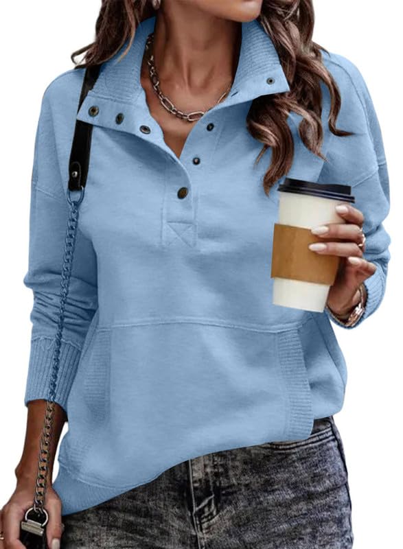 Shein SHEWIN Womens Sweatshirt Casual Long Sleeve Lightweight Sweatshirts Loose Button V Neck Pullover Tops Fall Clothes for Women 2025,US 12-14(L),Sky Blue - Image 4