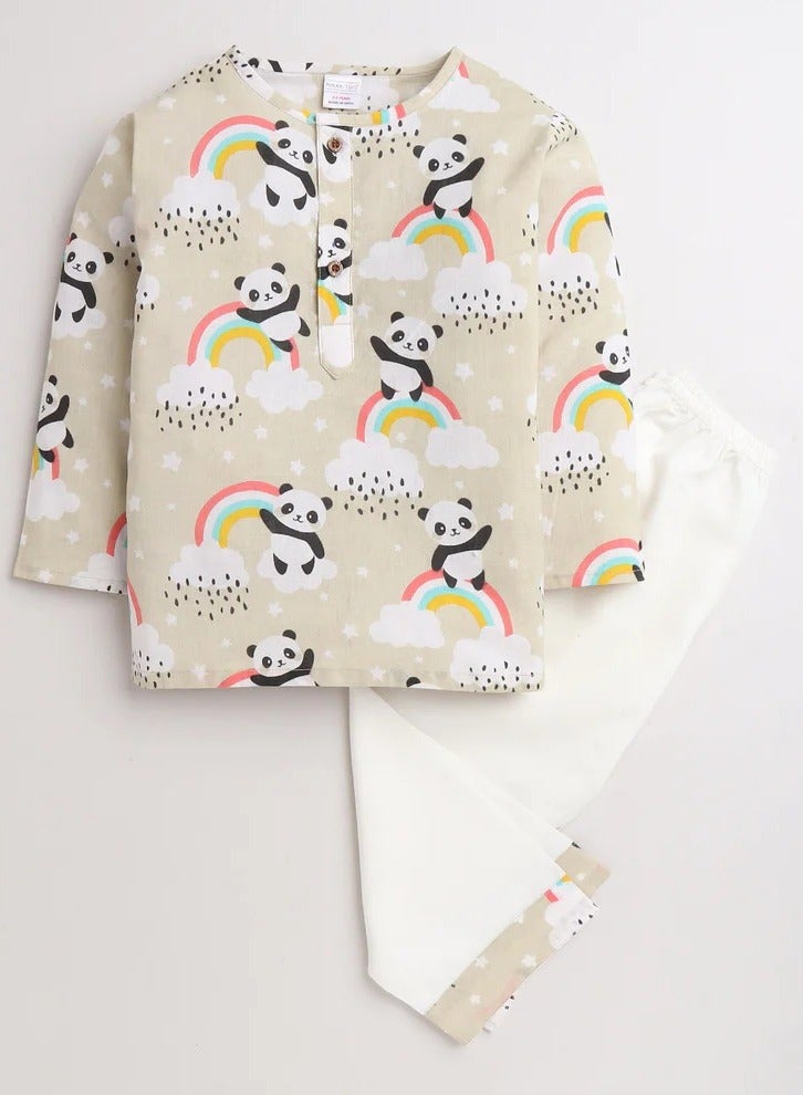 Polka Tots Polka Tots Full Sleeves Night Wear Rainbow Kurta Pyjama - Cream  - Image 1