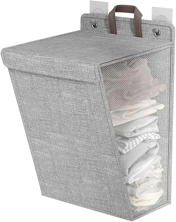 Grey Medium Wall Mounted Laundry Basket For Dirty Clothes Shoes Socks Towels Space Saving - Image 1