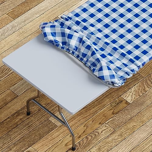 Sorfey Tablecloth Fitted with Elastic Vinyl with Flannel Back Fits for Table 72x 30 RectangleWater Proof Easy to Clean Checked Blue Design