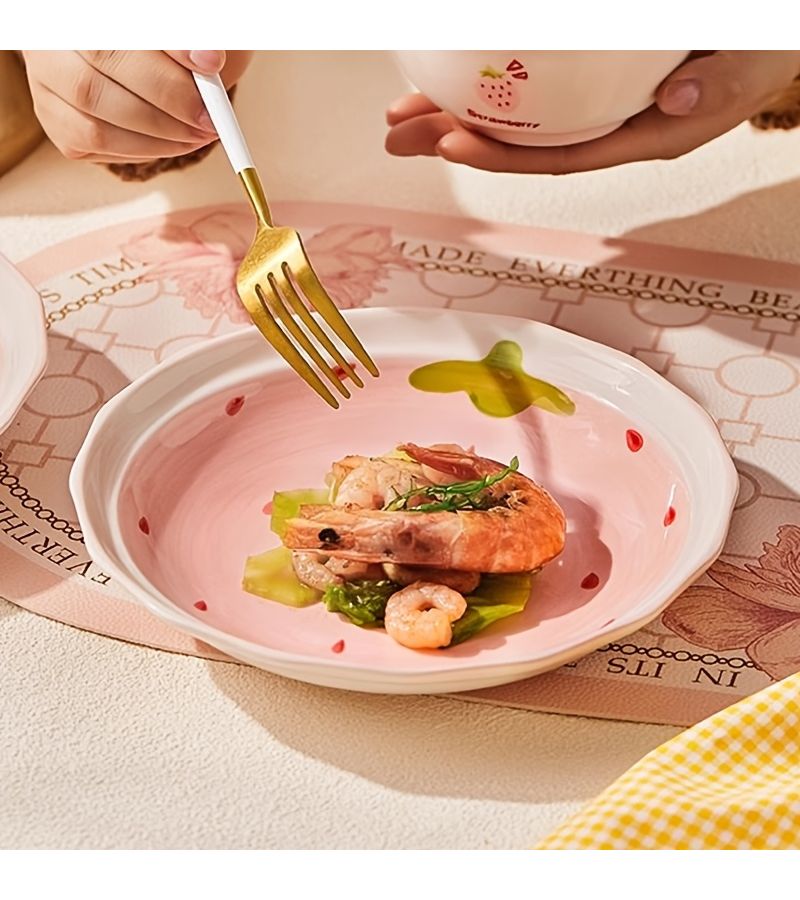 طقم أواني طعام سيراميك وردي بالفراولة مكون من 7 قطع يشمل أوعية أرز وملاعق صغيرة وأطباق للسلطة والفواكه والزبادي والحساء والستيك والحلويات والآيس كريم والمعكرونة والرامين مثالي للمدارس والسكنات والمطاعم والاستخدام المنزلي - Image 5