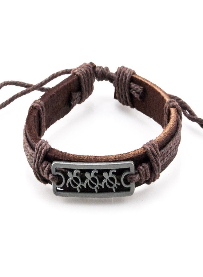 BlueRica Metal Bar with Sea Turtles Design on Adjustable Leather and Cord Bracelet (Brown) - Image 1