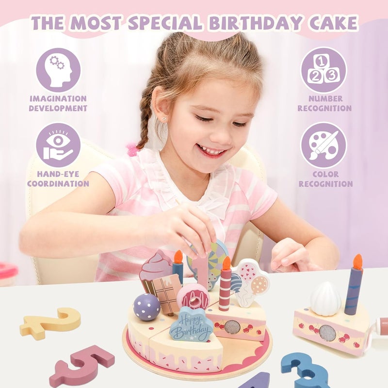 UV Enterprises Wooden Birthday Party Cake Pretend Play Food Set for Kids Boys & Girls | Educational Learning Toy | Interactive Preschool Activity Game-Kids Cake toy - Image 5