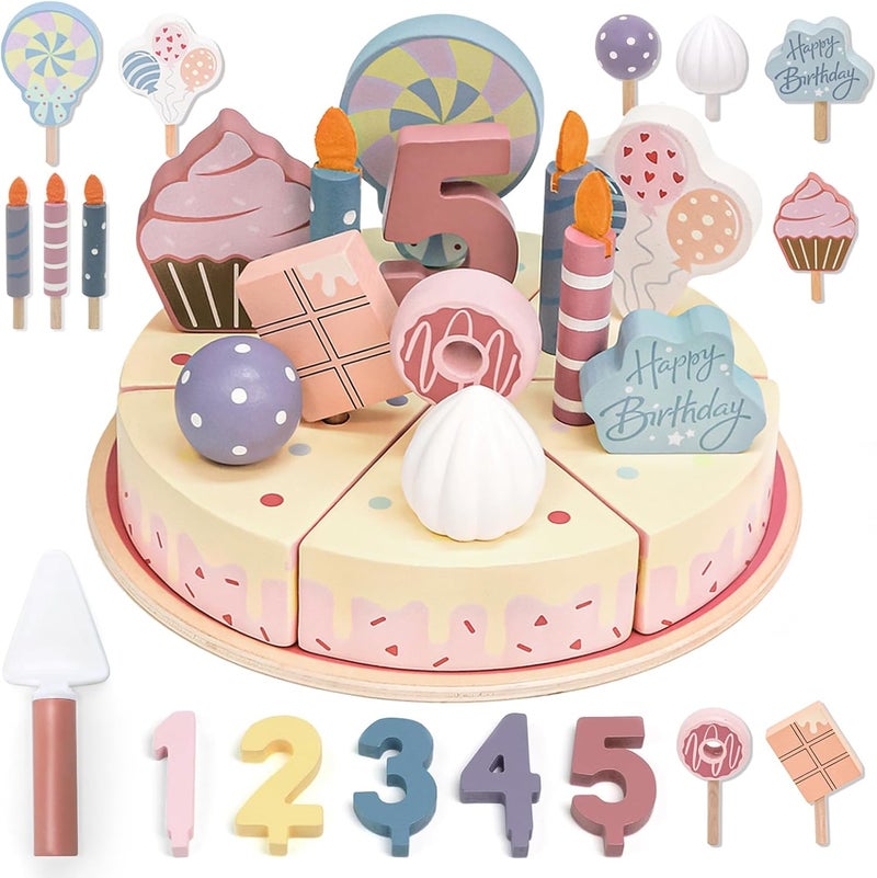 UV Enterprises Wooden Birthday Party Cake Pretend Play Food Set for Kids Boys & Girls | Educational Learning Toy | Interactive Preschool Activity Game-Kids Cake toy - Image 1