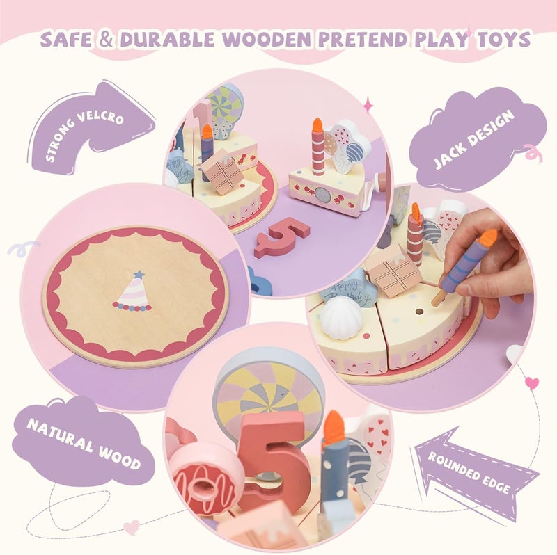 UV Enterprises Wooden Birthday Party Cake Pretend Play Food Set for Kids Boys & Girls | Educational Learning Toy | Interactive Preschool Activity Game-Kids Cake toy - Image 2