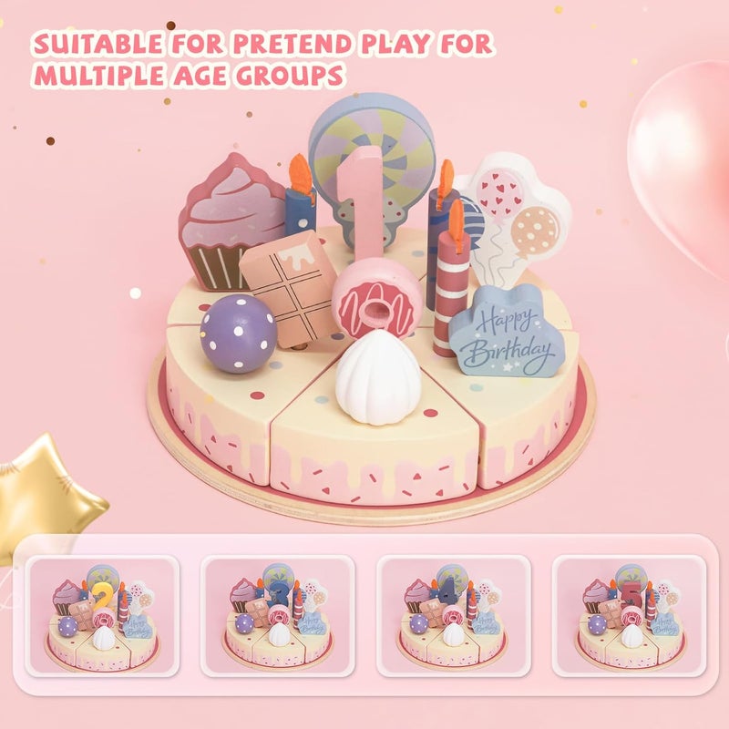 UV Enterprises Wooden Birthday Party Cake Pretend Play Food Set for Kids Boys & Girls | Educational Learning Toy | Interactive Preschool Activity Game-Kids Cake toy - Image 4