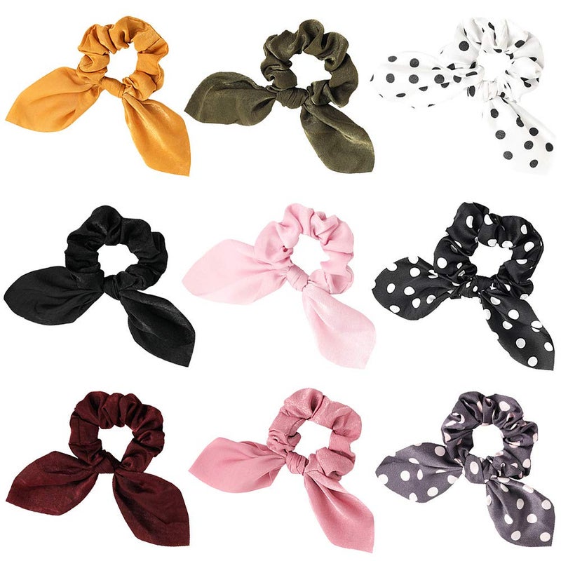 Scrunchies Hair Ties Silk Satin Scrunchy  Cute Bow Bunny Ear Hair Elastic Ponytail Holder Bobbles Soft Elegant Elastic Hair Bands with Tail Ribbon