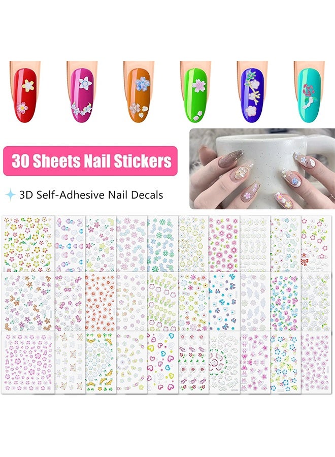 MXN 30 Sheets Colorful Spring Floral Nail Art Stickers - 3D Colorful Self-Adhesive Pink White Daisy Heart Star Nail Decals, Elegant Nail Design Accessories for Women - Image 3