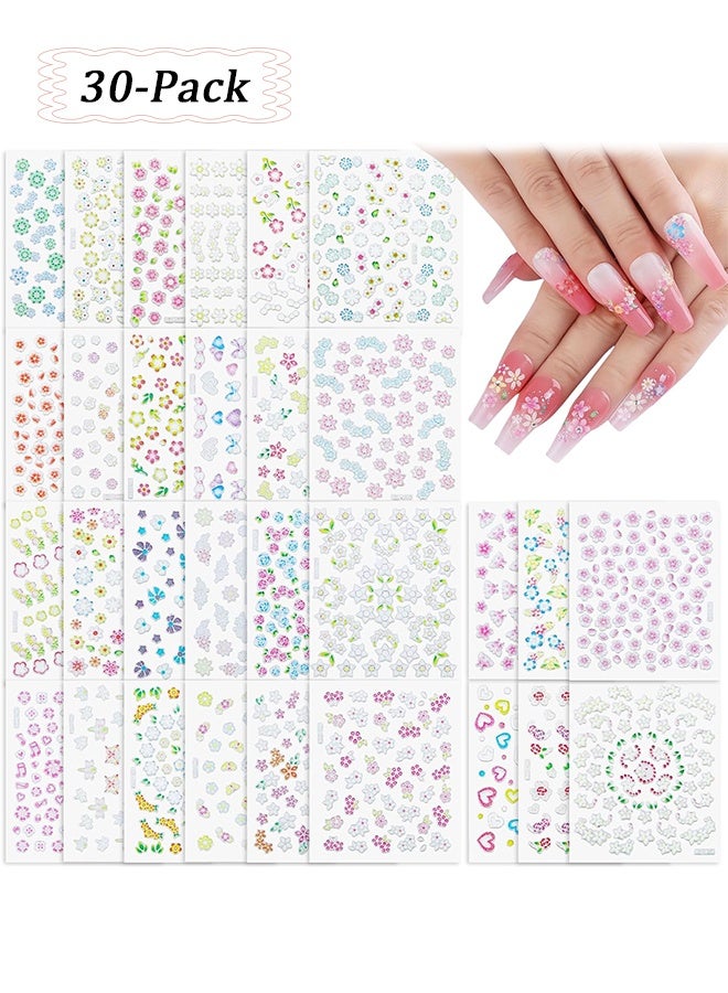 MXN 30 Sheets Colorful Spring Floral Nail Art Stickers - 3D Colorful Self-Adhesive Pink White Daisy Heart Star Nail Decals, Elegant Nail Design Accessories for Women - Image 1