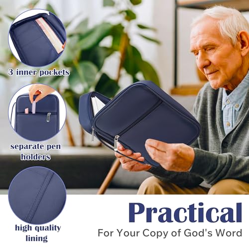 Aburbe Small Bible Cover Case for Women and Men, 9x6 PU Leather Bible Sleeve, Compact Travel Bible Carrier Bag with Front Pen Holders, Zipper Closure, Inner Pockets - Navy Blue - Image 4