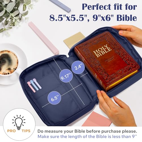 Aburbe Small Bible Cover Case for Women and Men, 9x6 PU Leather Bible Sleeve, Compact Travel Bible Carrier Bag with Front Pen Holders, Zipper Closure, Inner Pockets - Navy Blue - Image 3