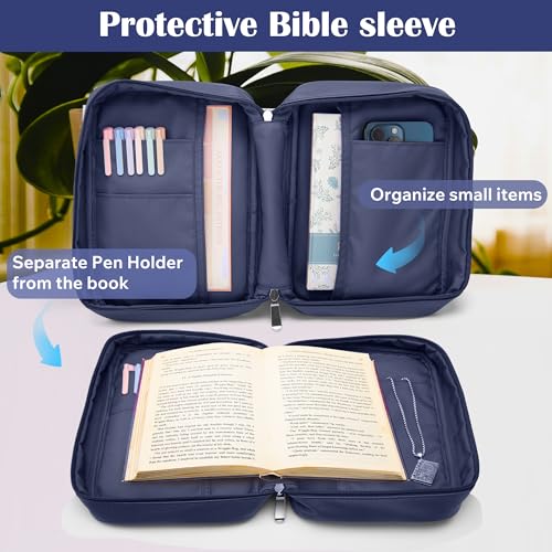 Aburbe Small Bible Cover Case for Women and Men, 9x6 PU Leather Bible Sleeve, Compact Travel Bible Carrier Bag with Front Pen Holders, Zipper Closure, Inner Pockets - Navy Blue - Image 2