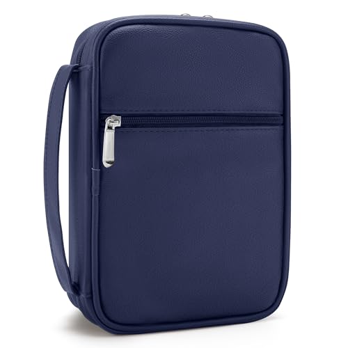 Aburbe Small Bible Cover Case for Women and Men, 9x6 PU Leather Bible Sleeve, Compact Travel Bible Carrier Bag with Front Pen Holders, Zipper Closure, Inner Pockets - Navy Blue - Image 1