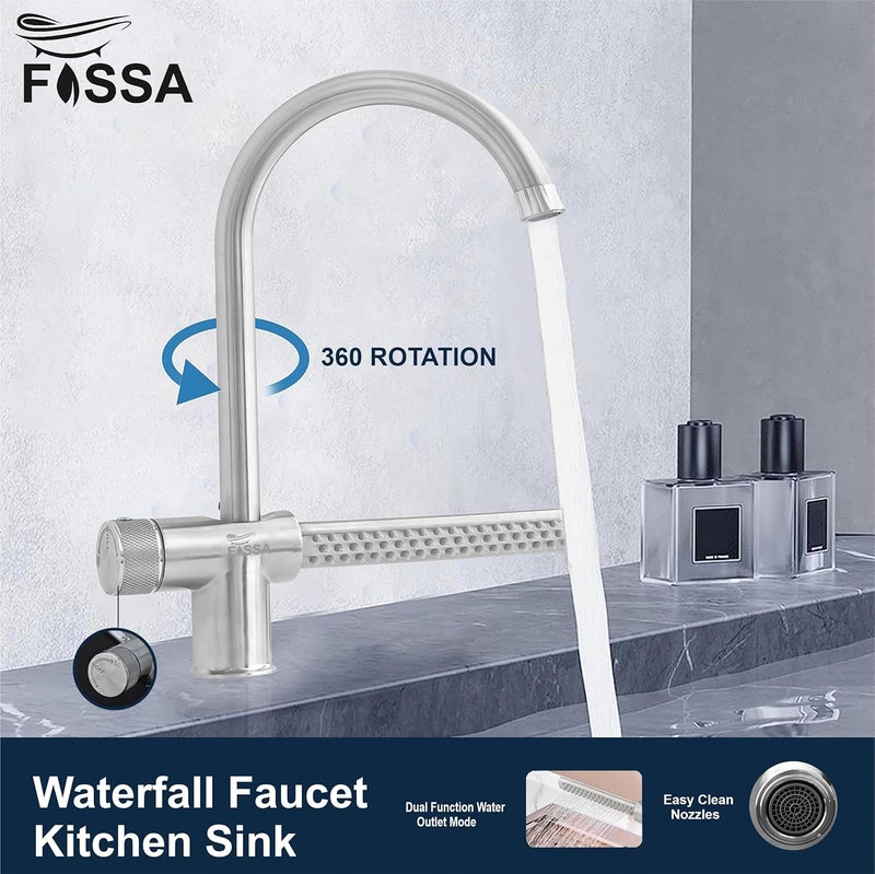 Fossa Waterfall Sink Mixer with Swivel Spout Hot Cold Kitchen Tap Mixer 304 Grade Stainless Steel Chrome Finish Waterfall Feature Silver - Image 3