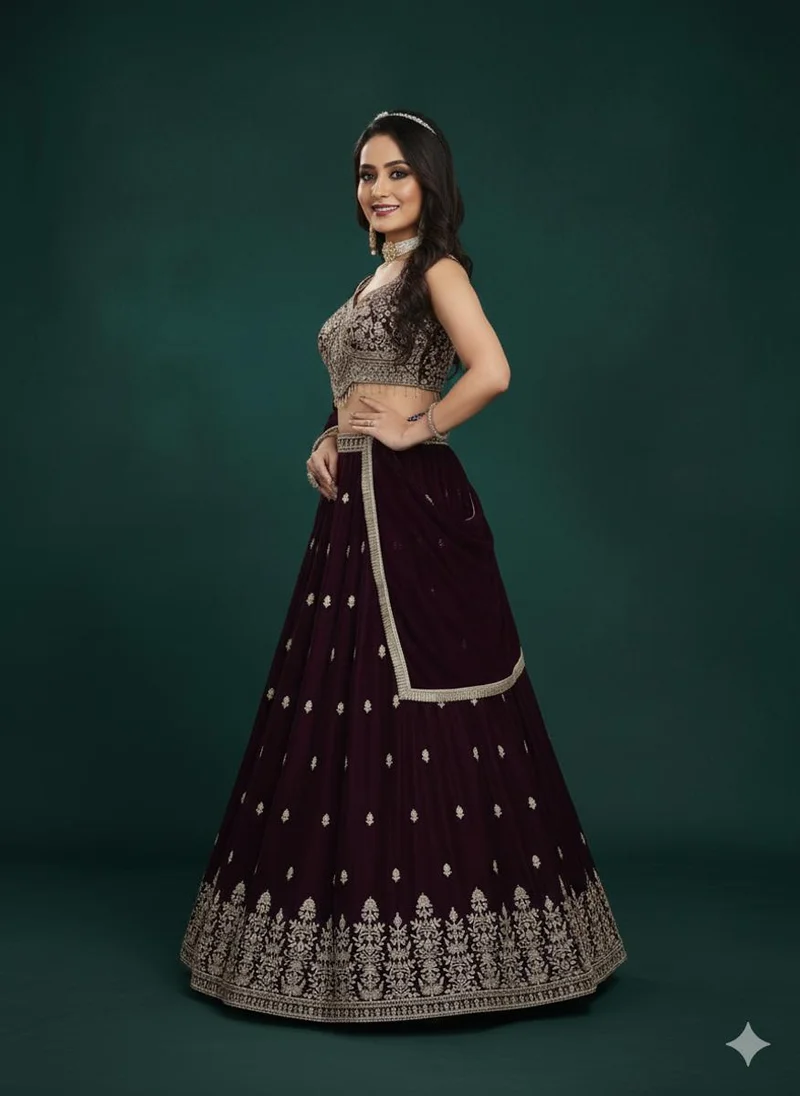 Lehar Dark Purple Embroidered Lehenga Choli Set