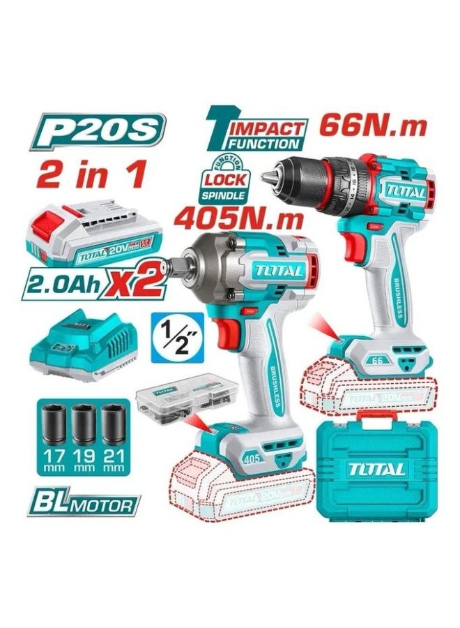TOTAL 66Nm Cordless Drill & Impact Driver Combo Kit - Image 1