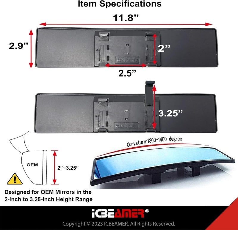 ICBEAMER 11.8 Inch Car Rearview Mirror, Panoramic Wide Angle, HD Blue Tint Glass, Interior Clip On Convex Car Mirror, Anti Glare, Automotive Accessories, Universal for Truck, Car, SUV, Pack of 1 - Image 5