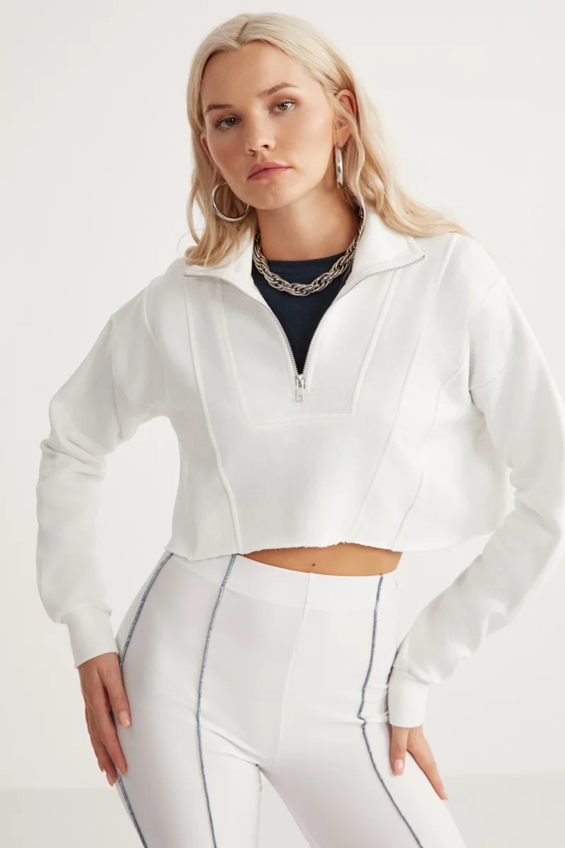 جريميلانج Candida Women's Cotton Half Zipper Stand Collar Crop White Sweatshirt