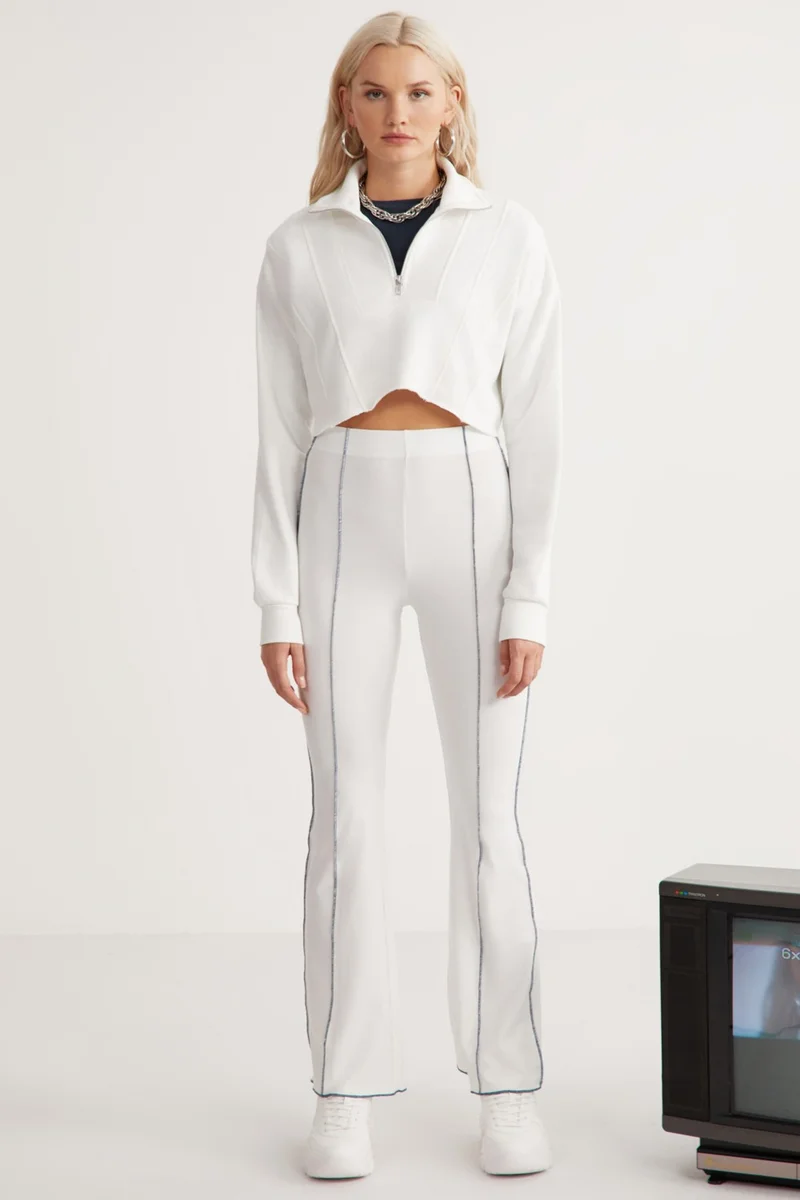 جريميلانج Candida Women's Cotton Half Zipper Stand Collar Crop White Sweatshirt