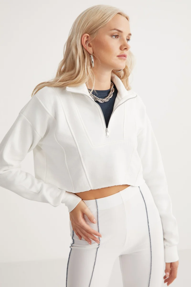 جريميلانج Candida Women's Cotton Half Zipper Stand Collar Crop White Sweatshirt