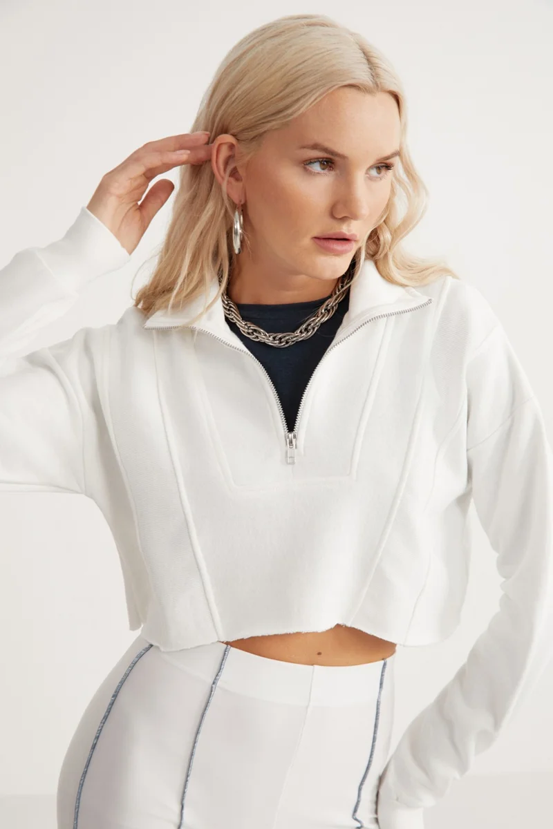 جريميلانج Candida Women's Cotton Half Zipper Stand Collar Crop White Sweatshirt