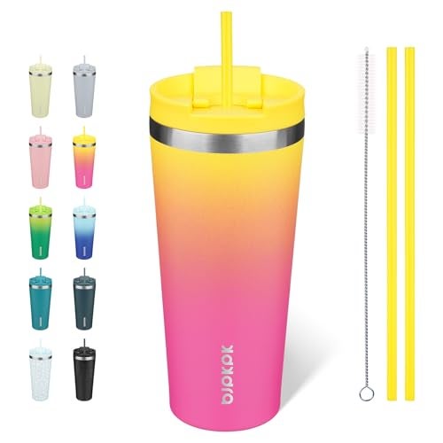 BJPKPK 22oz Stainless Steel Insulated Tumbler With lid And Straw Travel Coffee Thermal Tumblers Cup For Women And MenPink Yellow Rose - Image 1