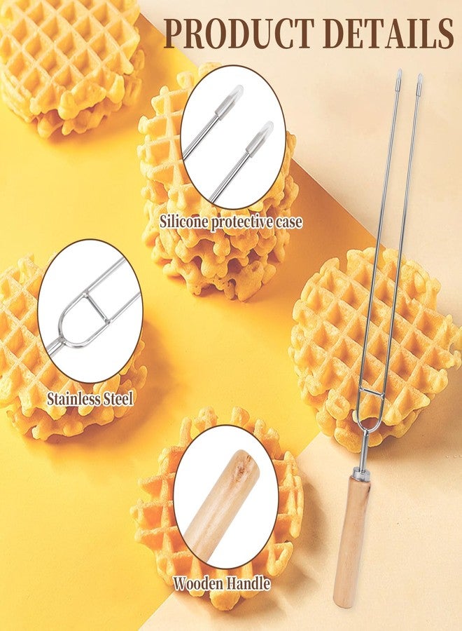 CTTZCKJ 2PCS Waffle Fork for Belgian Waffles, Stainless Steel Waffle Fork with Wooden Handle, Kitchen Tool，Beveled Prongs With Silicone Case，Belgian Baking Accessory - Image 3