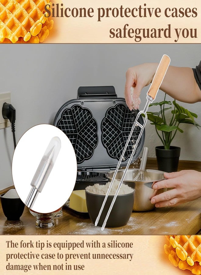 CTTZCKJ 2PCS Waffle Fork for Belgian Waffles, Stainless Steel Waffle Fork with Wooden Handle, Kitchen Tool，Beveled Prongs With Silicone Case，Belgian Baking Accessory - Image 5