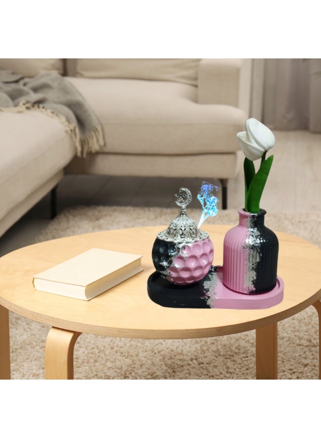 فاز ومبخرة وتراي من الكونكريت والمشغولات الفضيه مع الورد - بالوان جريئه - تصميم وصناعه يدوي - Image 3