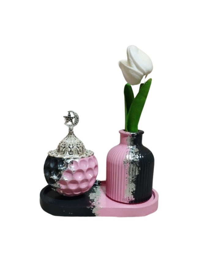 فاز ومبخرة وتراي من الكونكريت والمشغولات الفضيه مع الورد - بالوان جريئه - تصميم وصناعه يدوي - Image 2