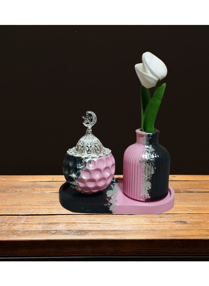 فاز ومبخرة وتراي من الكونكريت والمشغولات الفضيه مع الورد - بالوان جريئه - تصميم وصناعه يدوي - Image 1