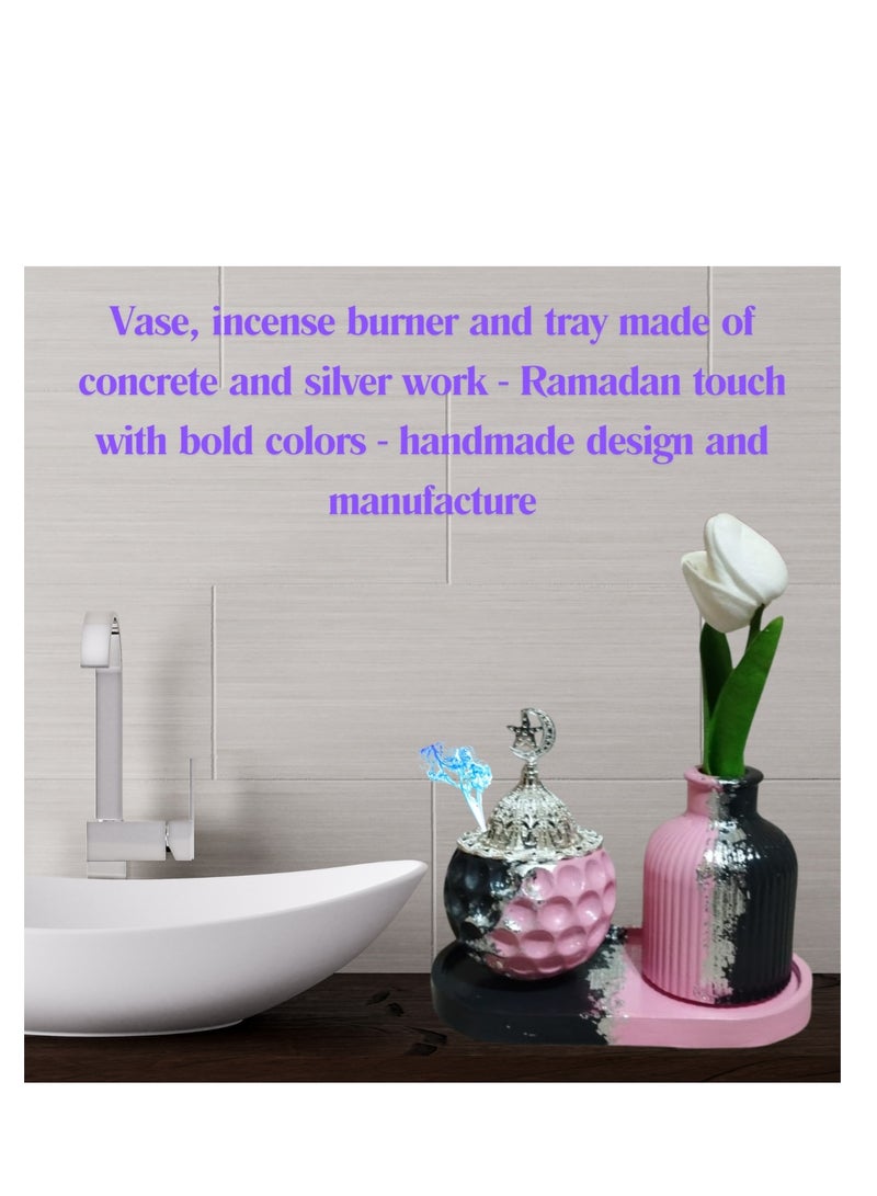 Concrete Vase, Incense Burner, and Tray Set with Silver Accents and Flowers – A Ramadan Touch with Bold, Cheerful Colors – Handmade Design and Craftsmanship - Image 1