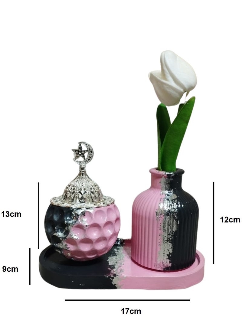 Concrete Vase, Incense Burner, and Tray Set with Silver Accents and Flowers – A Ramadan Touch with Bold, Cheerful Colors – Handmade Design and Craftsmanship - Image 2