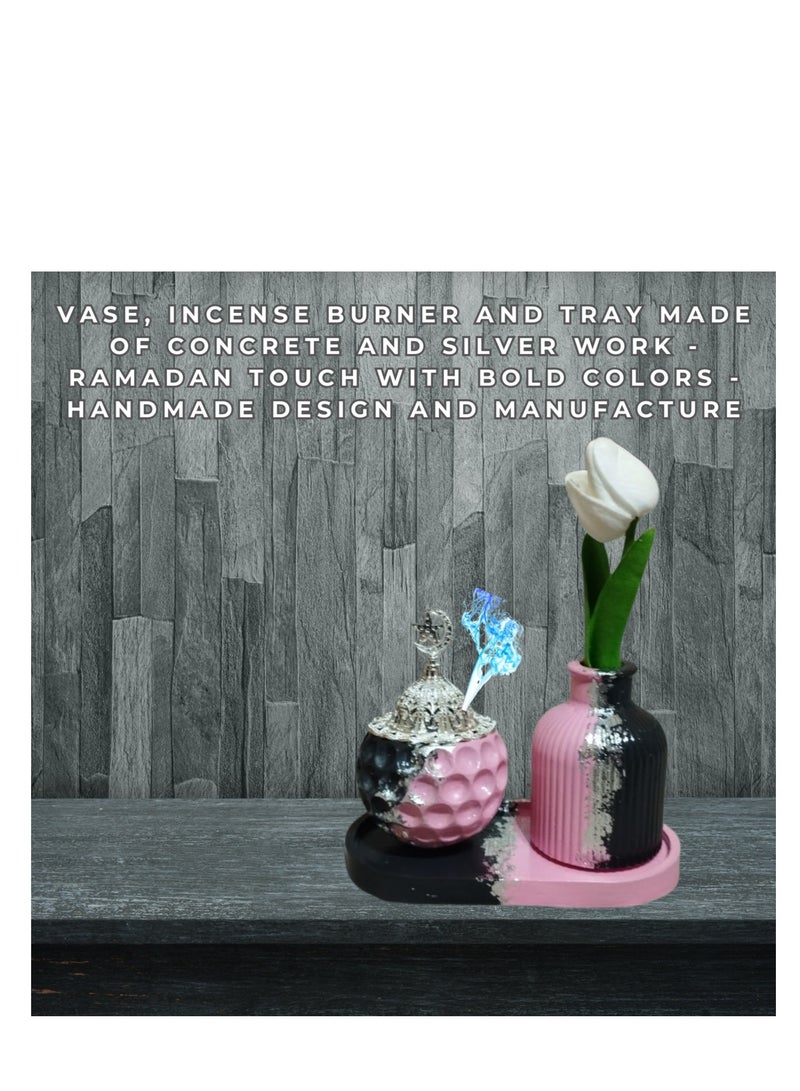 Concrete Vase, Incense Burner, and Tray Set with Silver Accents and Flowers – A Ramadan Touch with Bold, Cheerful Colors – Handmade Design and Craftsmanship - Image 4