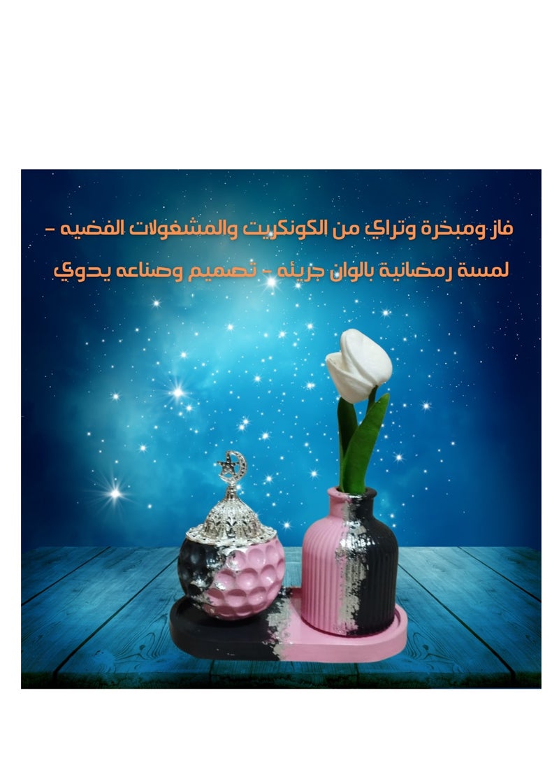 Concrete Vase, Incense Burner, and Tray Set with Silver Accents and Flowers – A Ramadan Touch with Bold, Cheerful Colors – Handmade Design and Craftsmanship - Image 5