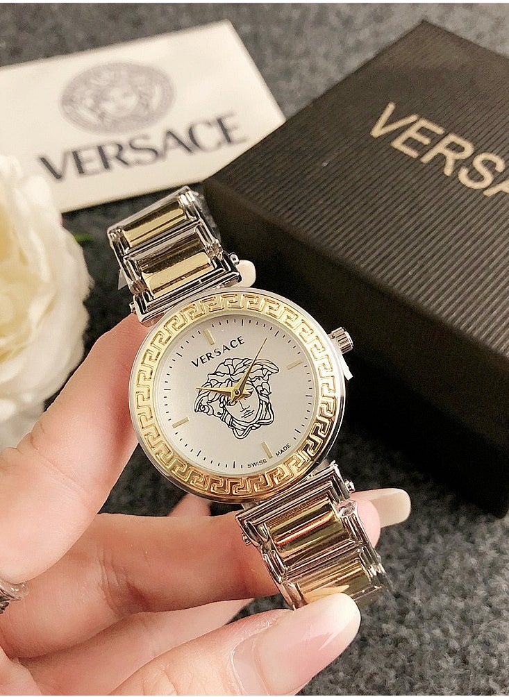 VERSACE - Versace Women's Cubic Zirconia Classic Fashion Versatile Round Quartz Watch, paired with gold and silver splicing stainless steel strap, 32mm white dial - Image 1