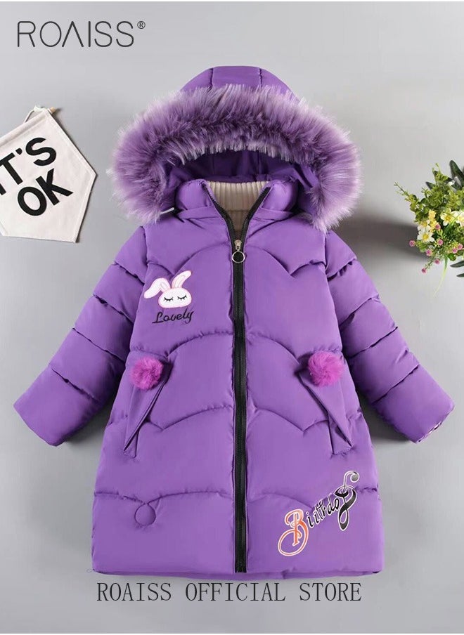 roaiss - Children's Soft and Skin Friendly Mid Length Winter Coat with Fleece and Fur Collar Solid Color Down Jacket with Simple Design and Zip Featuring Cartoon Pattern - Image 1