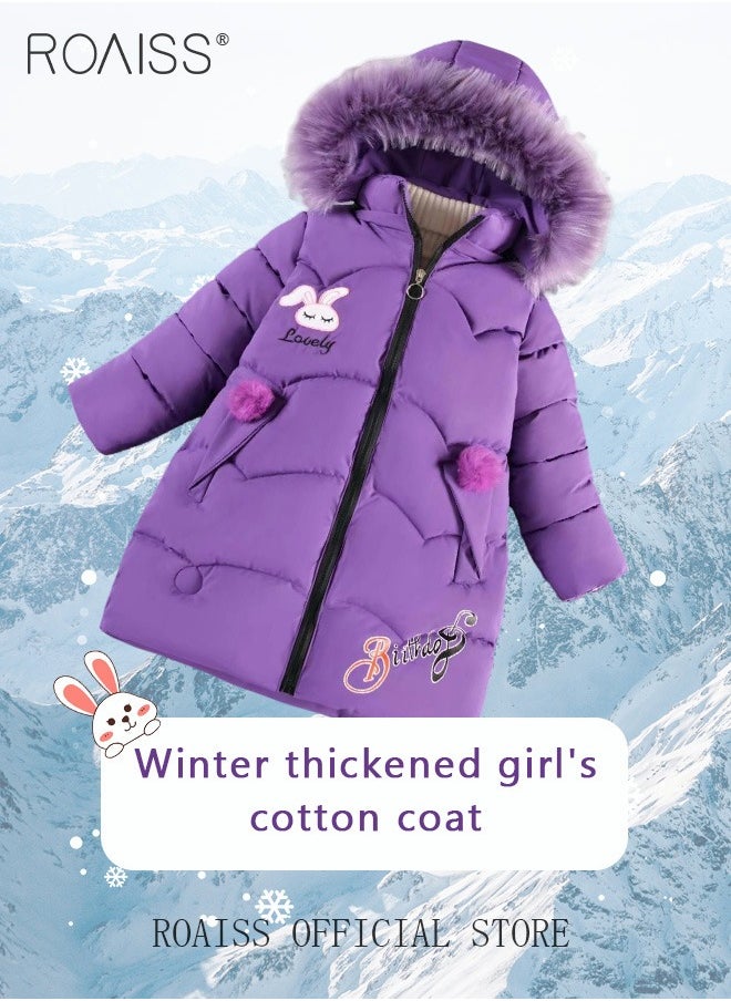 roaiss - Children's Soft and Skin Friendly Mid Length Winter Coat with Fleece and Fur Collar Solid Color Down Jacket with Simple Design and Zip Featuring Cartoon Pattern - Image 1