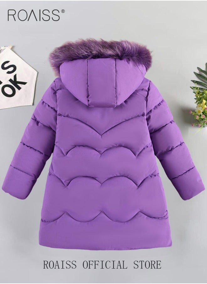 roaiss - Children's Soft and Skin Friendly Mid Length Winter Coat with Fleece and Fur Collar Solid Color Down Jacket with Simple Design and Zip Featuring Cartoon Pattern - Image 1