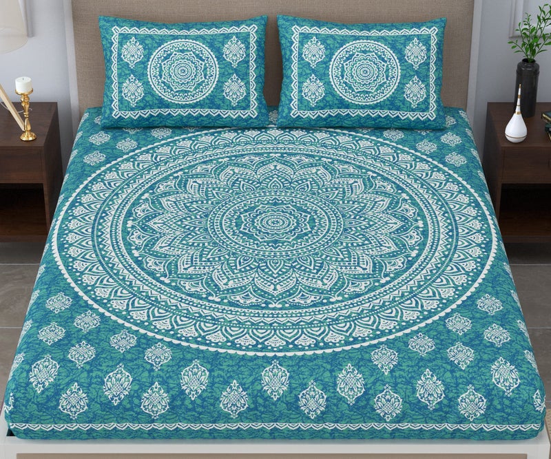 Colorish Cotton Blend Traditional Mandala Jaipuri Printed Bedsheet for Double Bed King Size with 2 Pillow Covers, Sea Green, 120 TC - Image 2